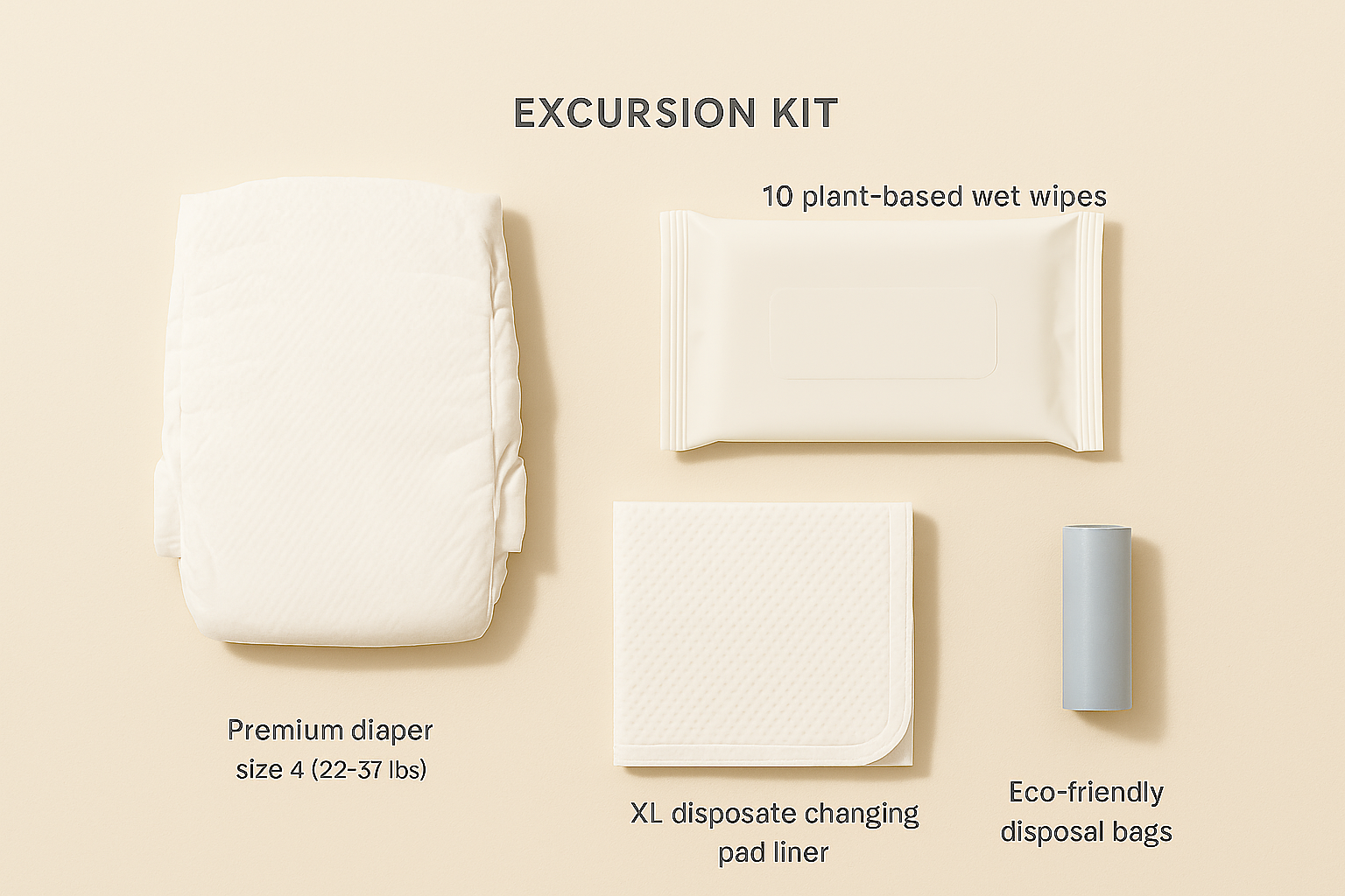 A beautiful flat-lay of the kit contents: Coterie diaper, Dyper wipes, Peekapoo liner, and disposal bag