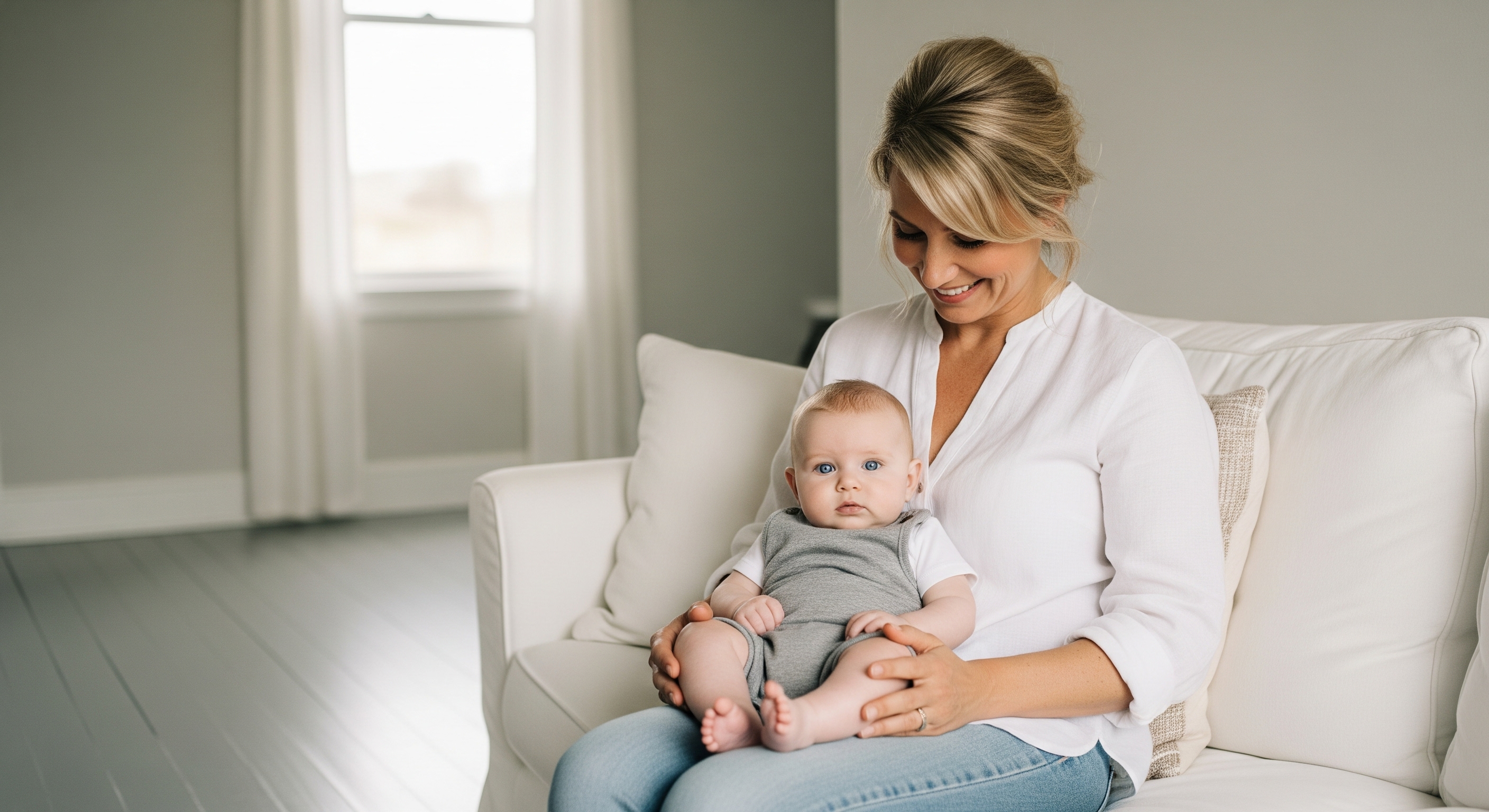 A mother holding her baby and smiling in a calm, beautiful living room